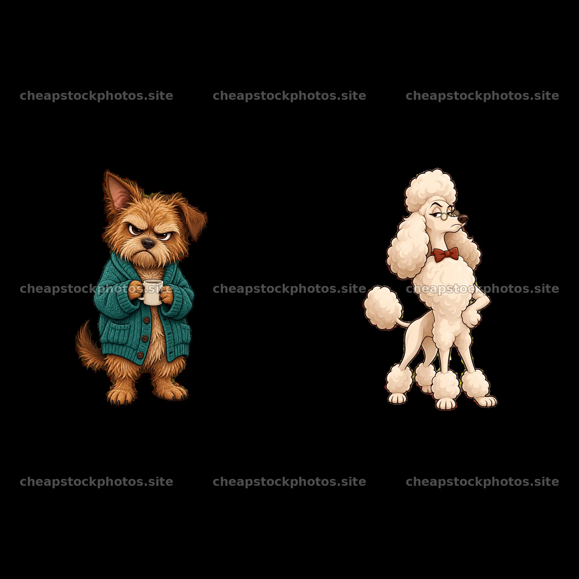 Grumpy dog and poodle characters in playful cartoon style – stock photos 7746x7746
