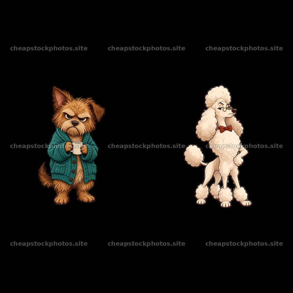 Grumpy dog and poodle characters in playful cartoon style – stock photos 7746x7746
