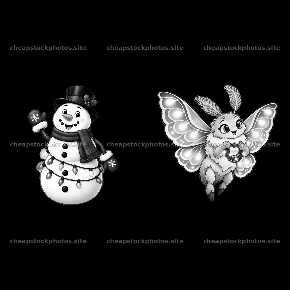 Snowman with string lights and a butterfly holding a cookie – stock photos 7746x7746