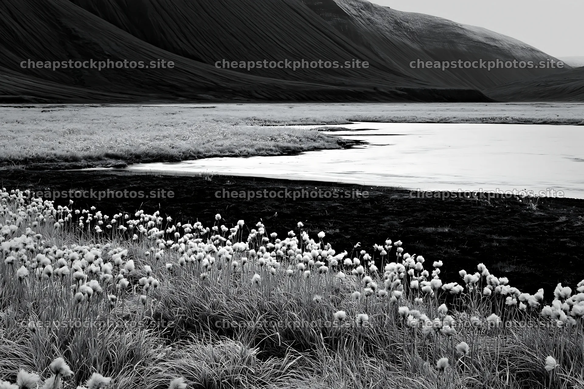 Frozen tarn meadow with grass and mountains in background – stock photos 9722x6480