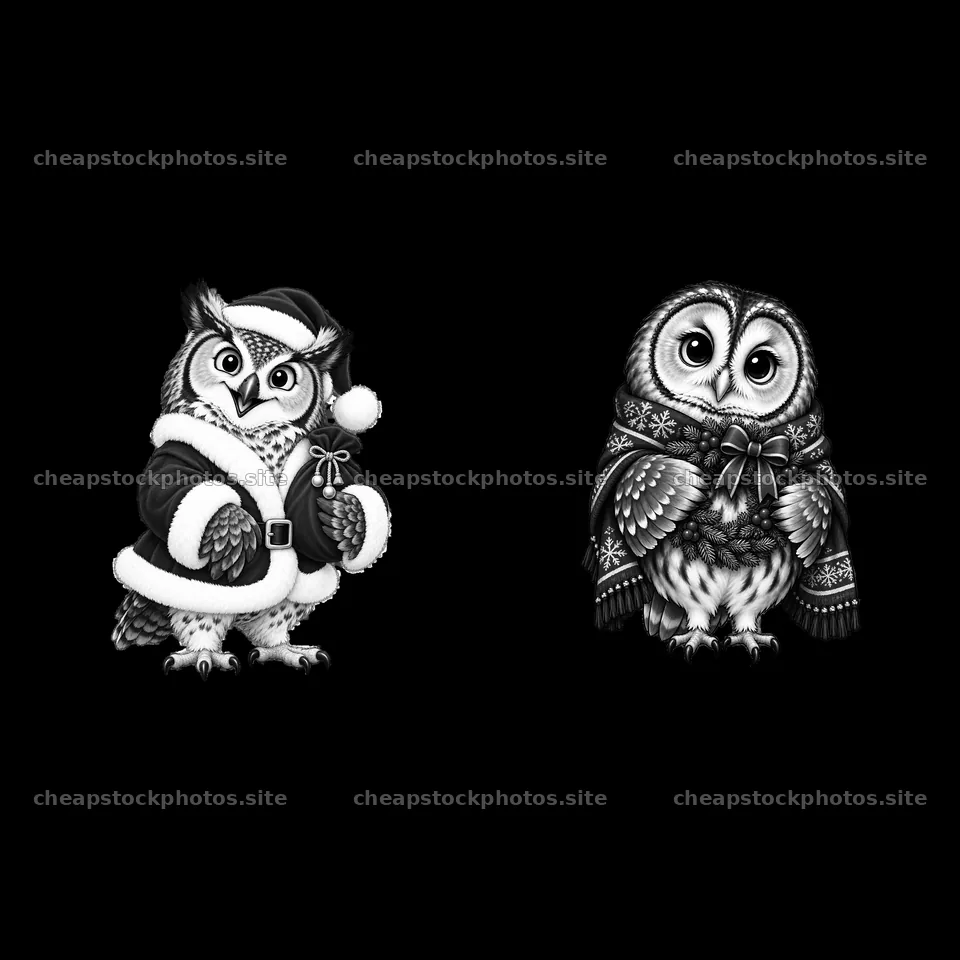 Christmas owls in festive clothing with hats and scarves – stock photos 7746x7746