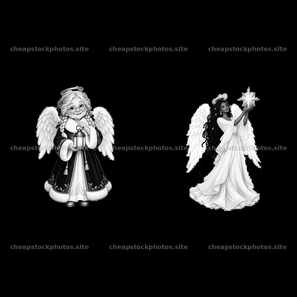 Two Christmas angels holding a lantern and a star – stock photos 7746x7746