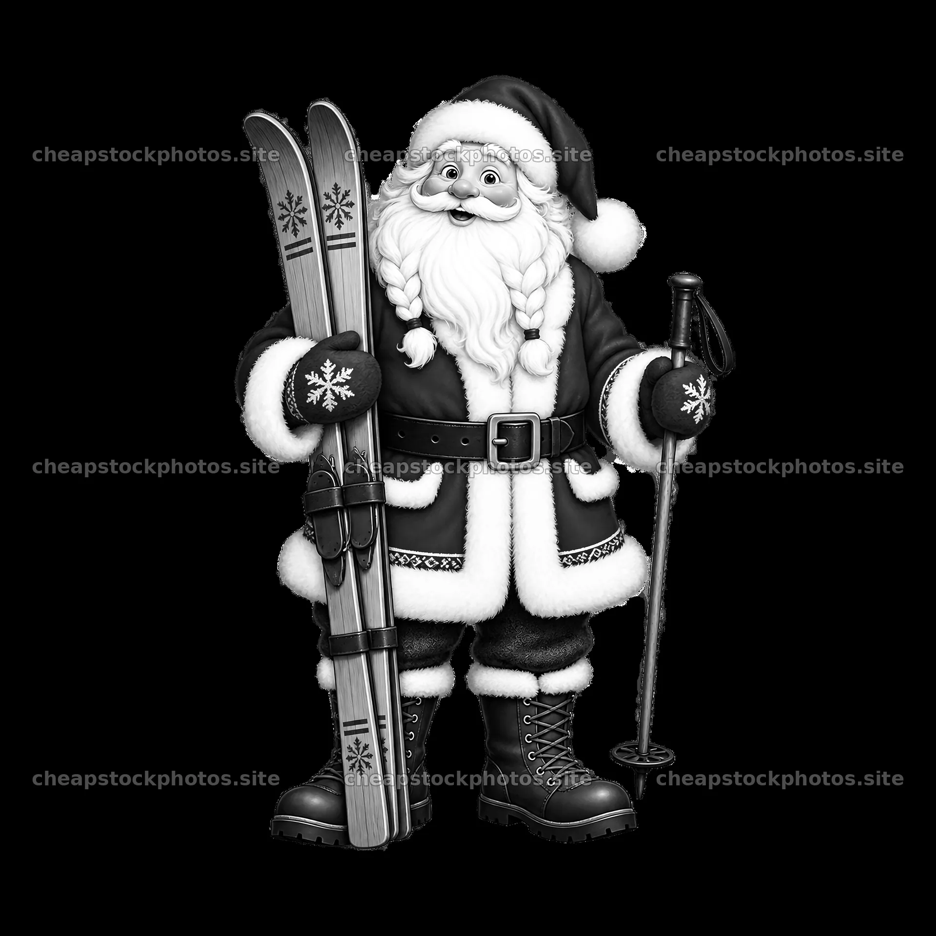 Santa Claus holding skis and a ski pole in winter outfit – stock photos 7746x7746