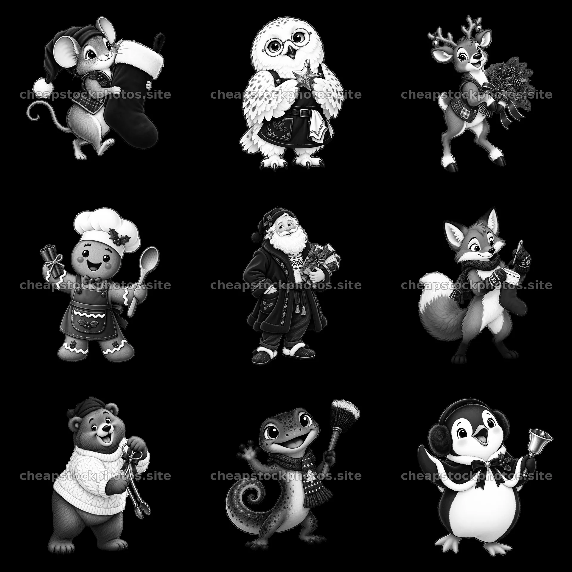 Cartoon characters celebrating Christmas around a fireplace – stock photos 7746x7746
