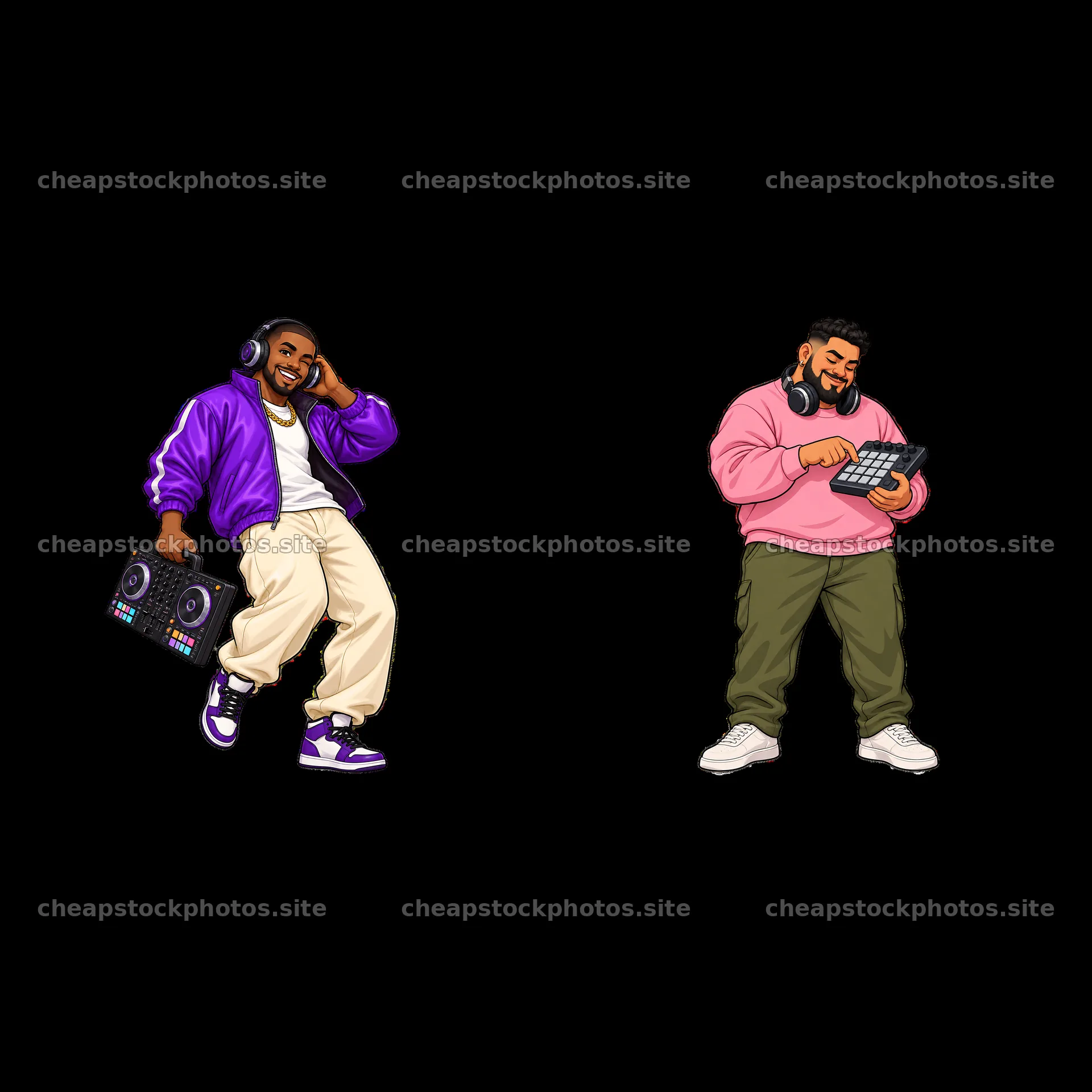 Hip-hop artists with music equipment in vibrant attire – stock photos 7746x7746