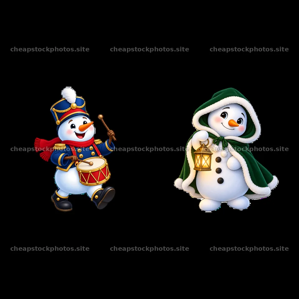 Christmas snowman with drum and snowman with lantern – stock photos 7746x7746