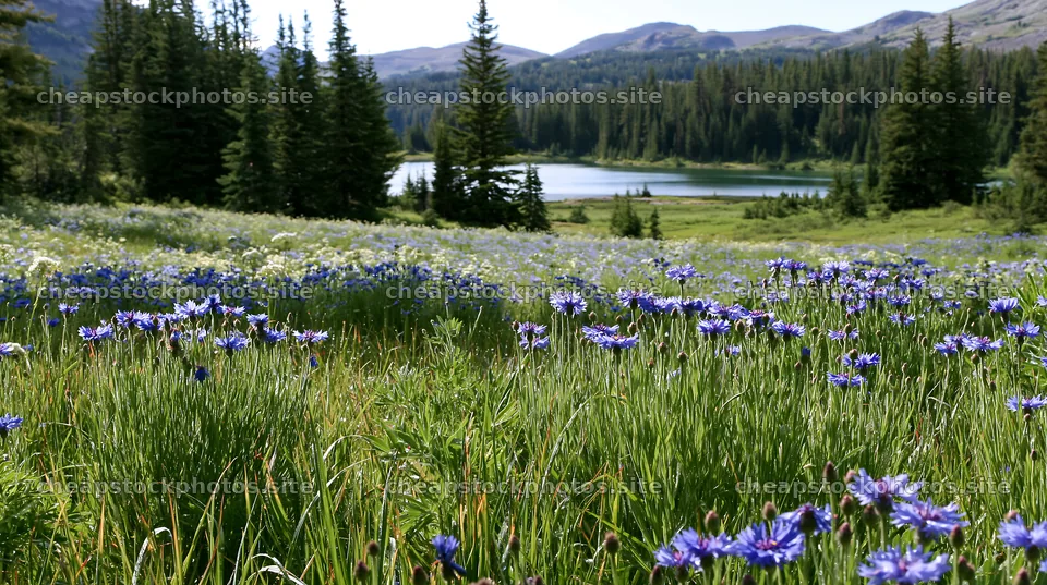 Sunlit lakeside meadow with blooming flowers and tall trees – stock photos 10608x5938