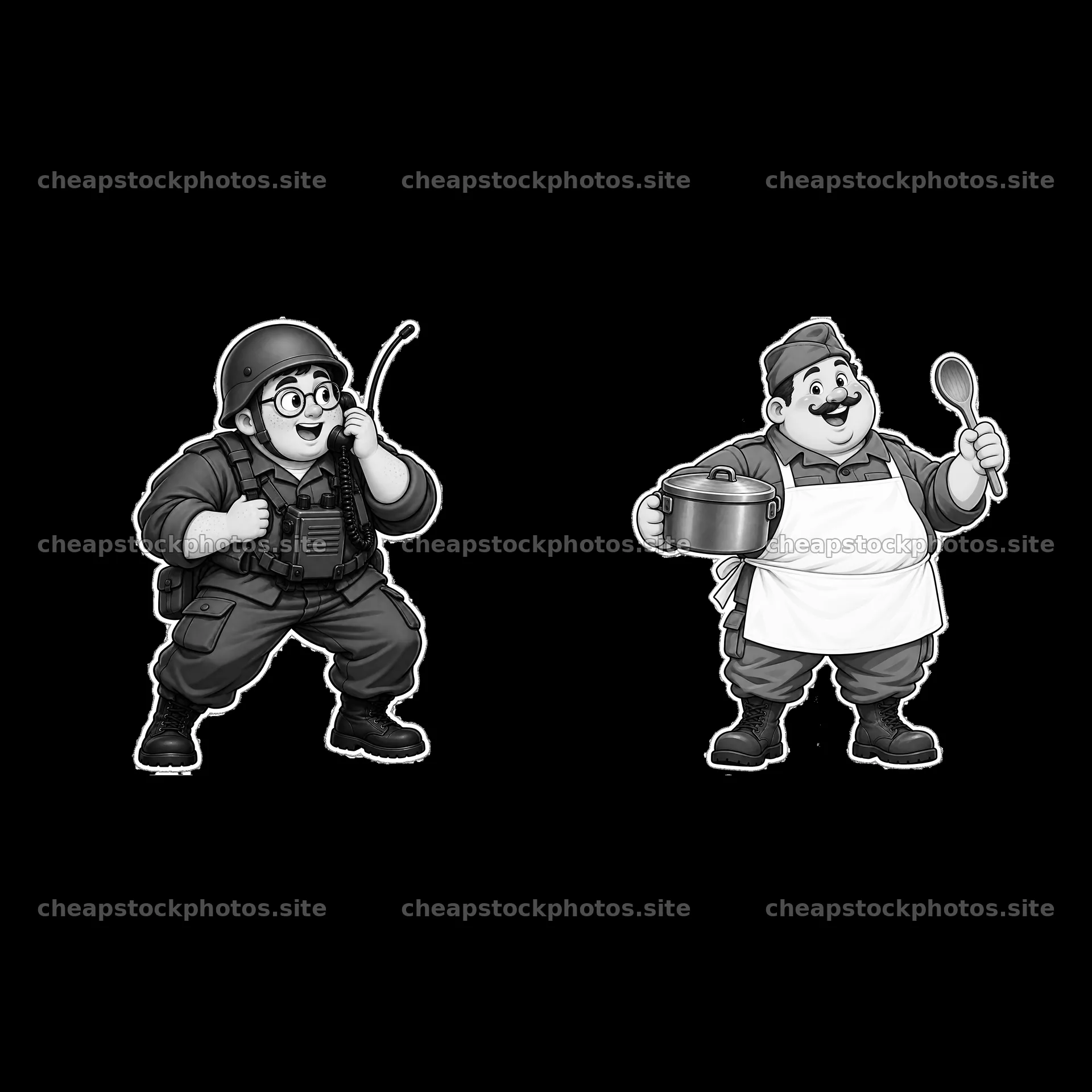 Chubby cartoon soldier with radio and chef holding pot and spoon – stock photos 7746x7746