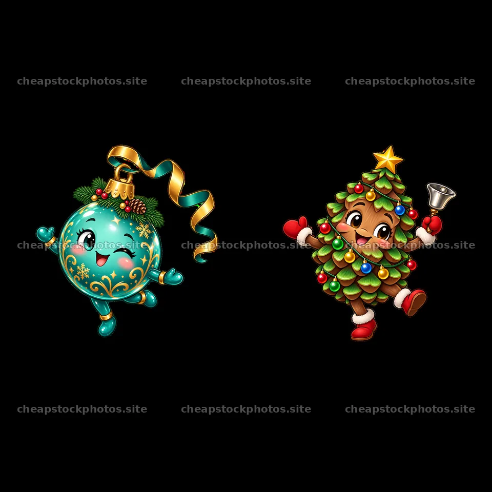 Cheerful ornament and happy Christmas tree cartoon sticker pair – stock photos 7746x7746