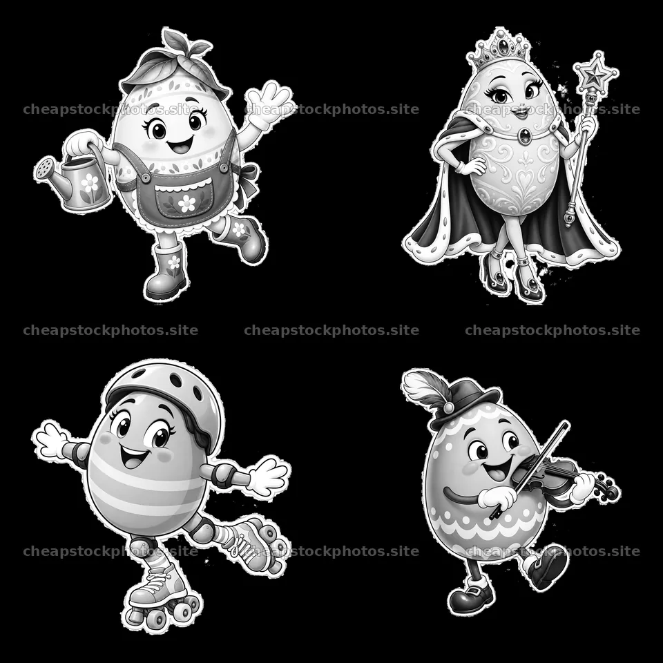 Four cartoon Easter eggs engaging in various activities – stock photos 7746x7746