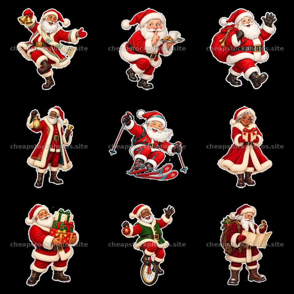 Santa Claus in various holiday activities and poses – stock photos 7746x7746