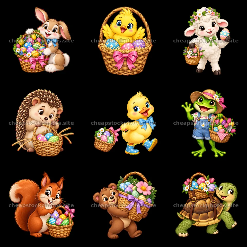 Colorful cartoon animals with Easter baskets in a 3x3 grid – stock photos 7746x7746