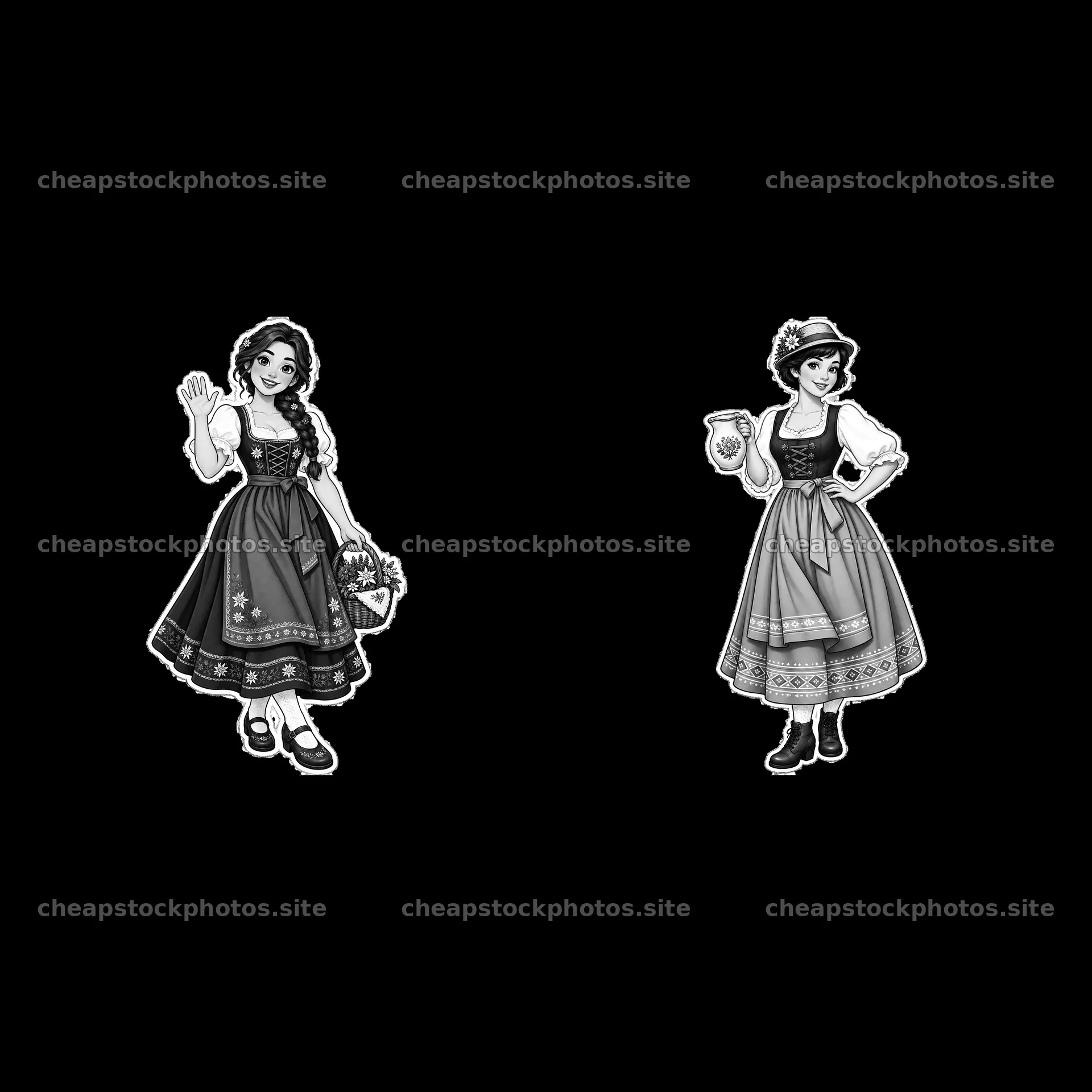 Women in traditional folk dress with accessories in monochrome – stock photos 7746x7746
