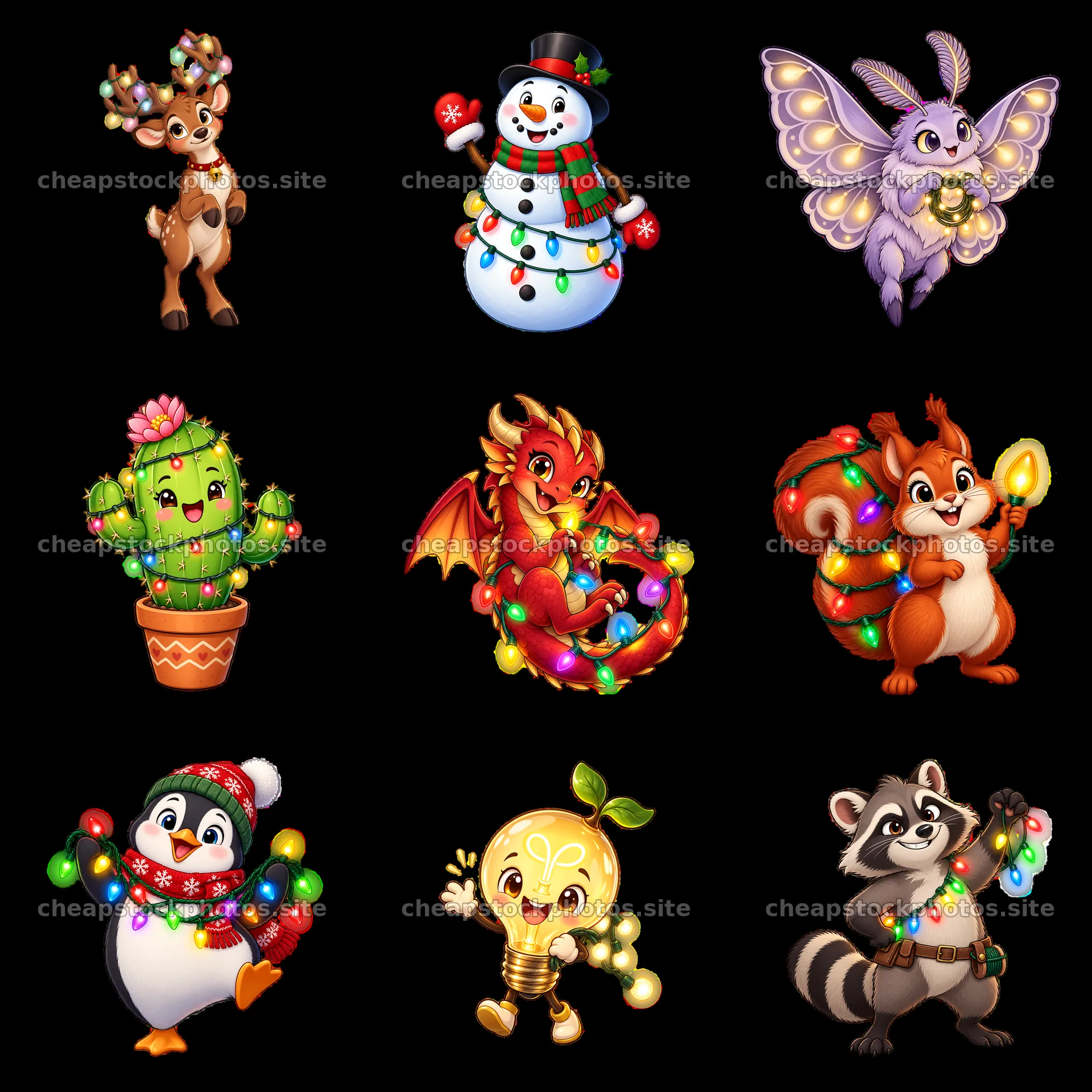 Cartoon characters with string lights in a grid layout – stock photos 7746x7746