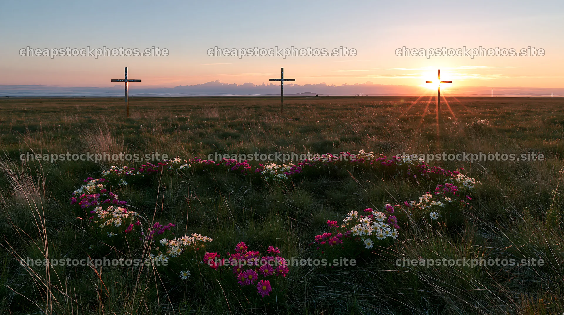 Three Christian crosses in a meadow at sunrise – stock photos 10608x5938