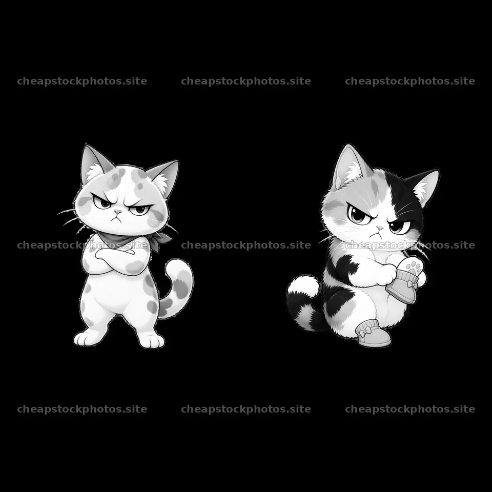 Grumpy cats with arms crossed and holding a toy in black and white – stock photos 7746x7746