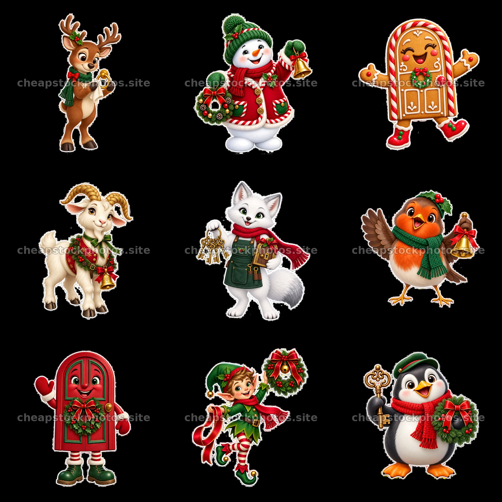 Christmas characters celebrating near a decorated door – stock photos 7746x7746