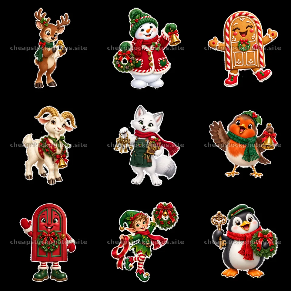 Christmas characters celebrating near a decorated door – stock photos 7746x7746