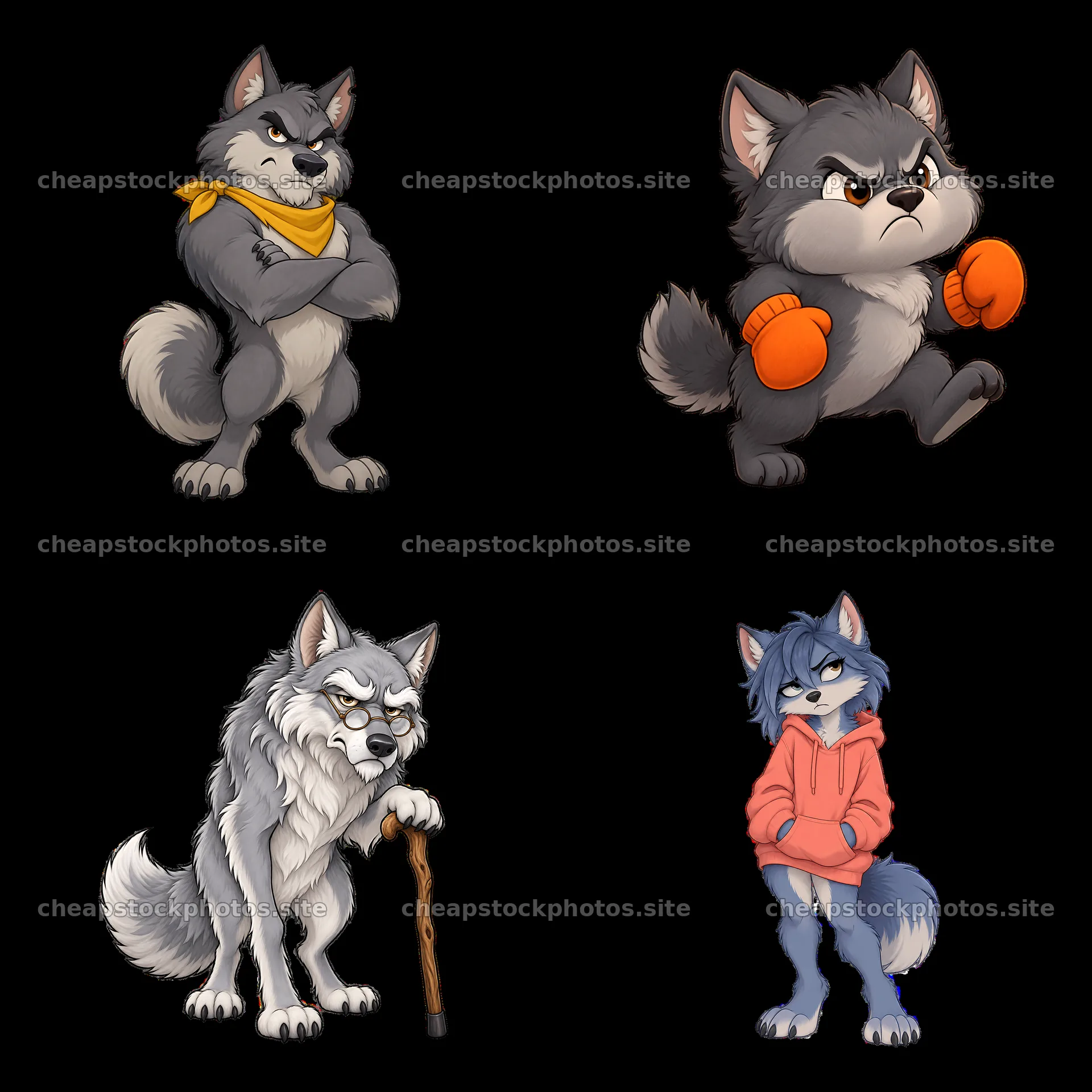 Grumpy cartoon wolves with different expressions and accessories – stock photos 7746x7746