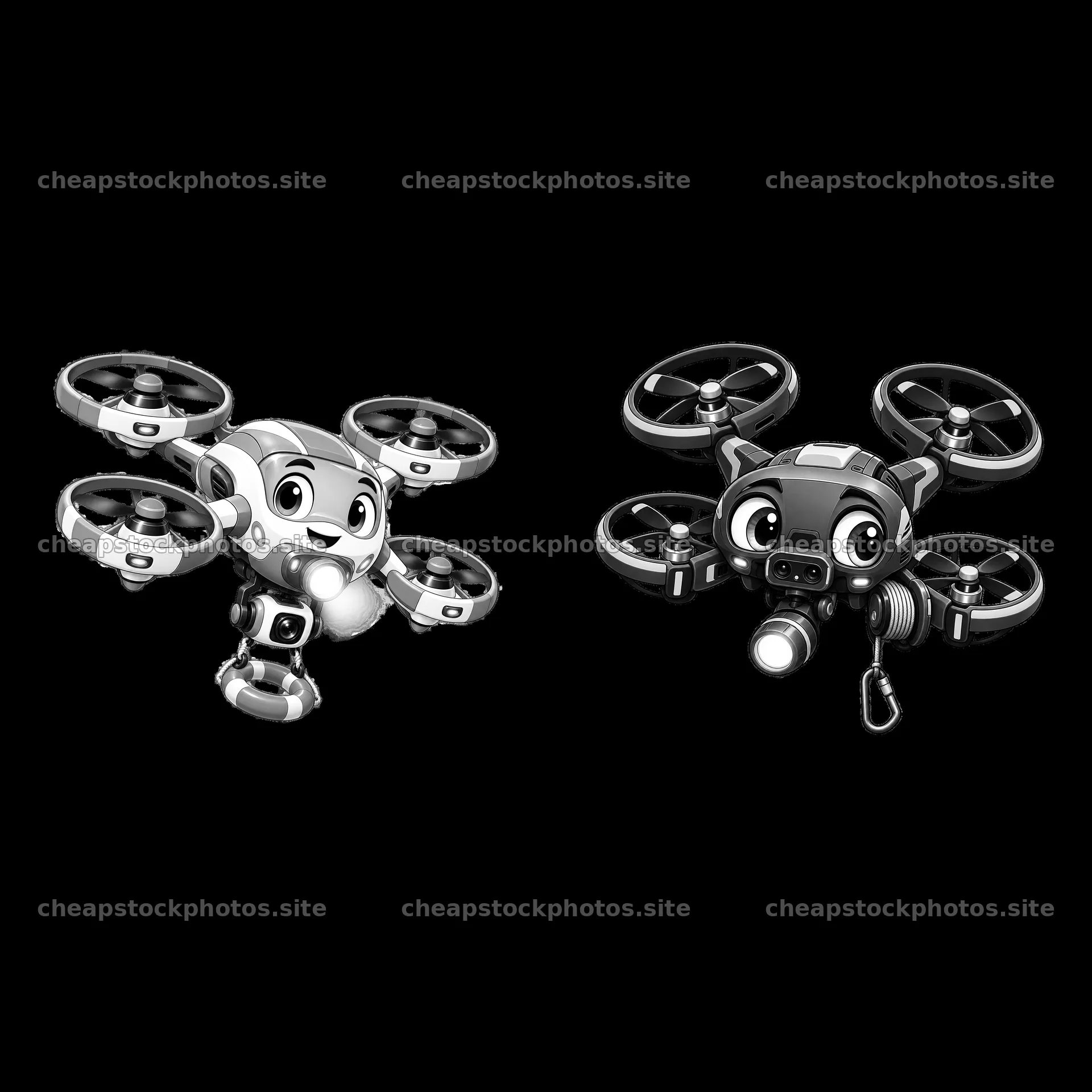 Cartoon drone characters engaged in search activities – stock photos 7746x7746