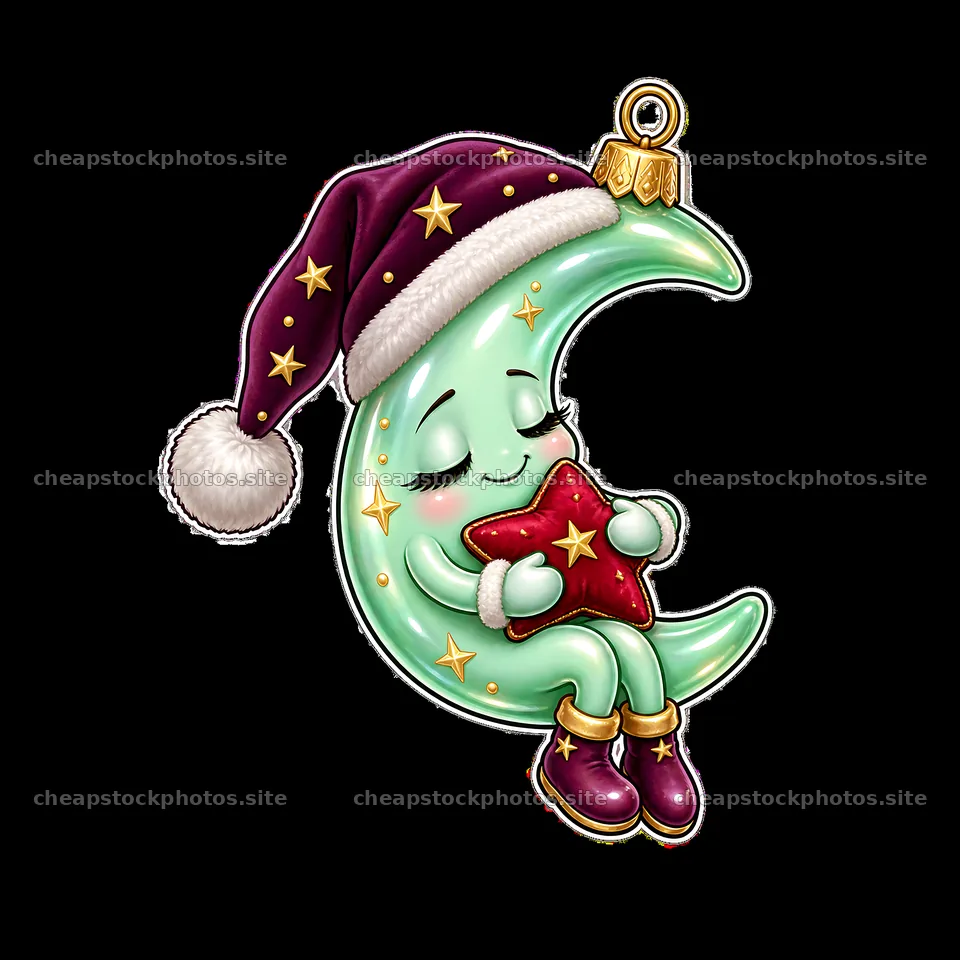 Moon ornament character holding a red star with a Christmas hat – stock photos 7746x7746