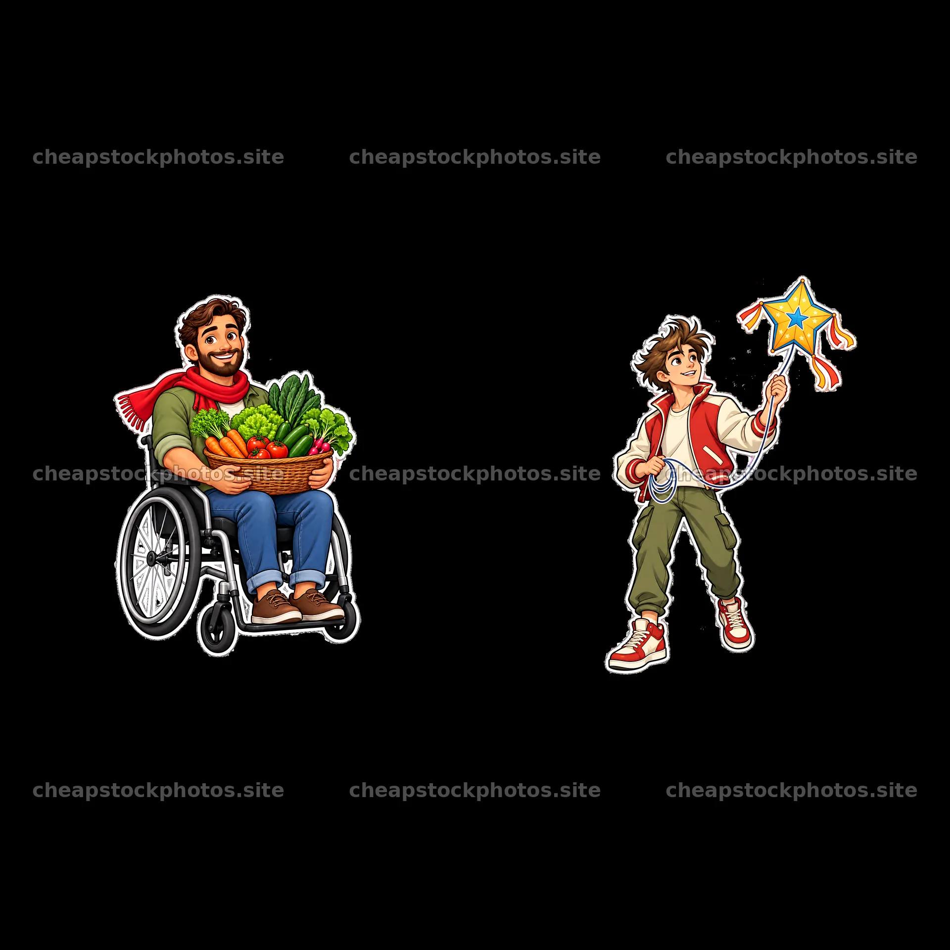 Man in wheelchair holding vegetables with child and star – stock photos 7746x7746