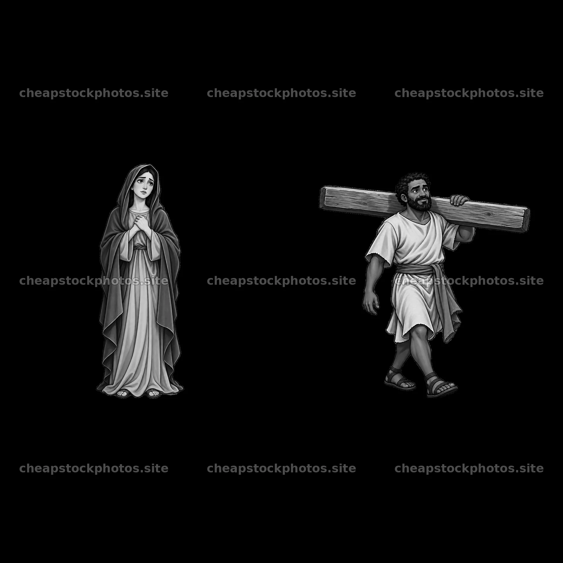 Jesus carrying the cross with Mary in mourning expression – stock photos 7746x7746