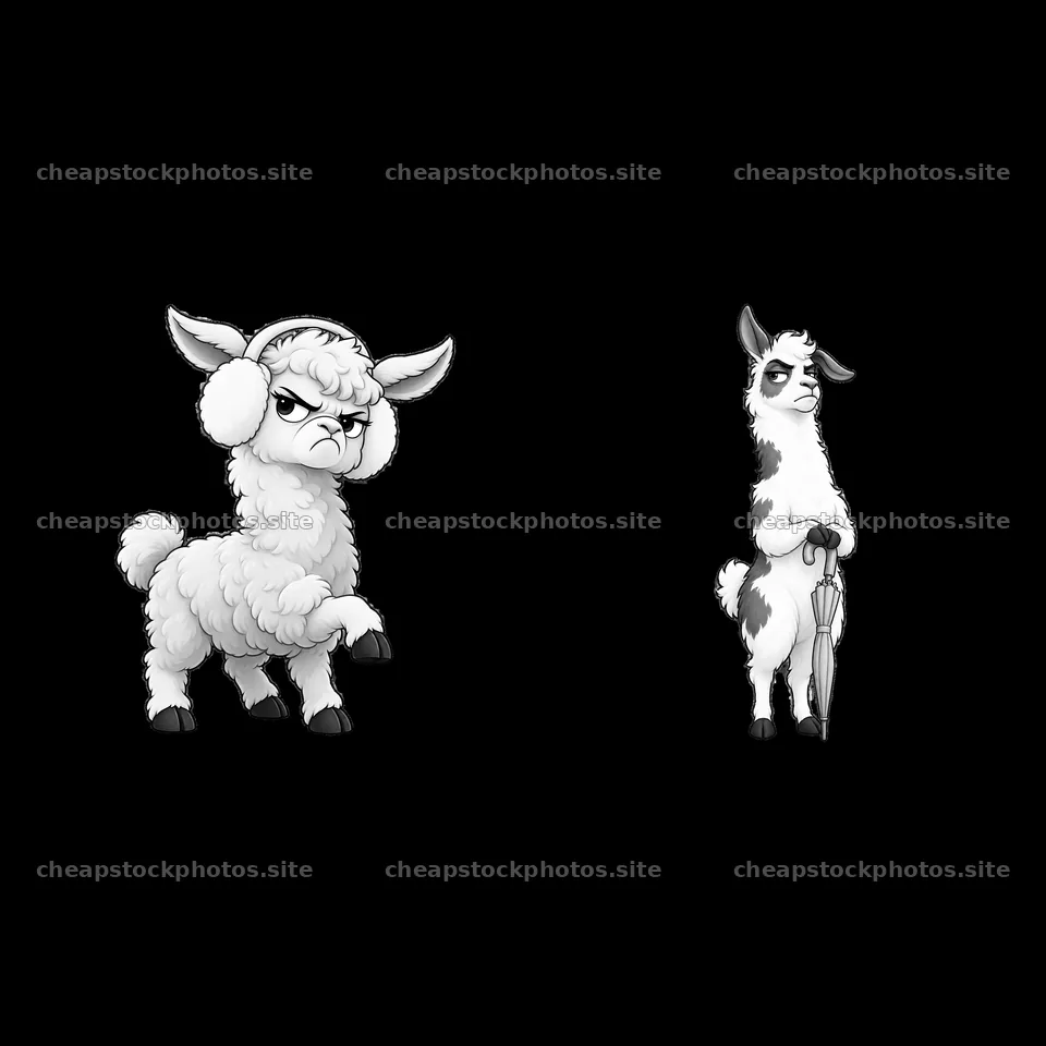 Grumpy llama characters with headphones and umbrella stickers – stock photos 7746x7746