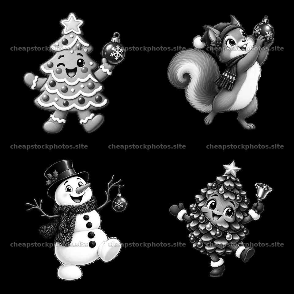 Cartoon characters celebrating around a Christmas tree – stock photos 7746x7746