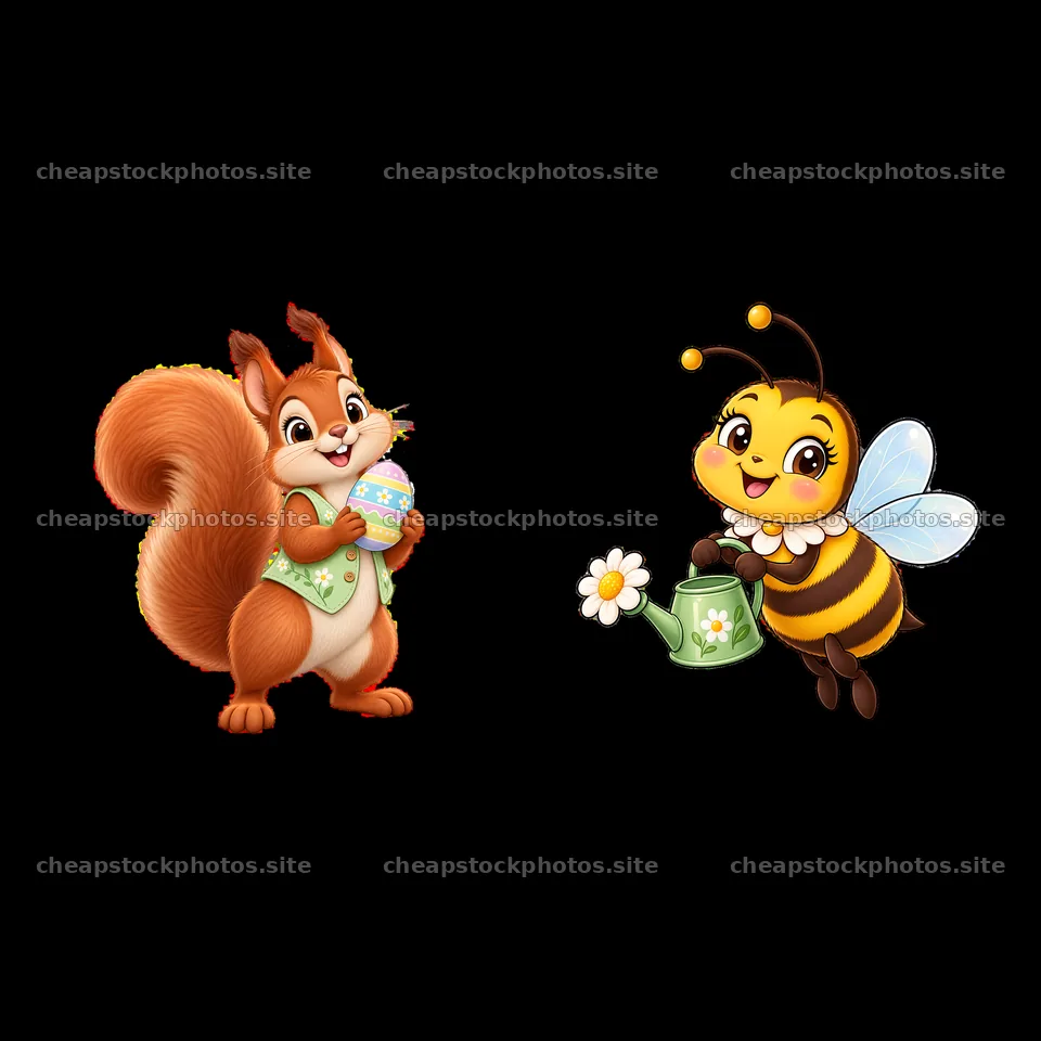 Squirrel holds Easter egg while bee waters flowers in a meadow – stock photos 7746x7746