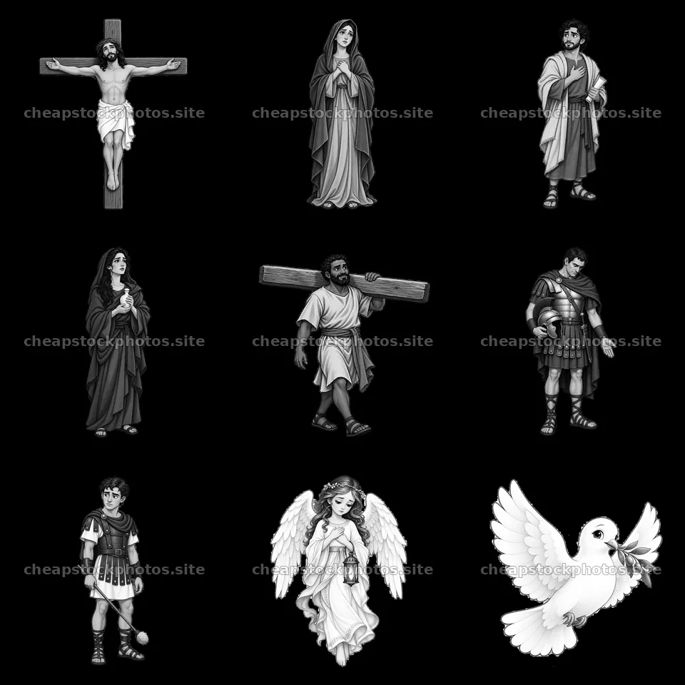 Jesus on the cross surrounded by figures and symbols in a grid – stock photos 7746x7746