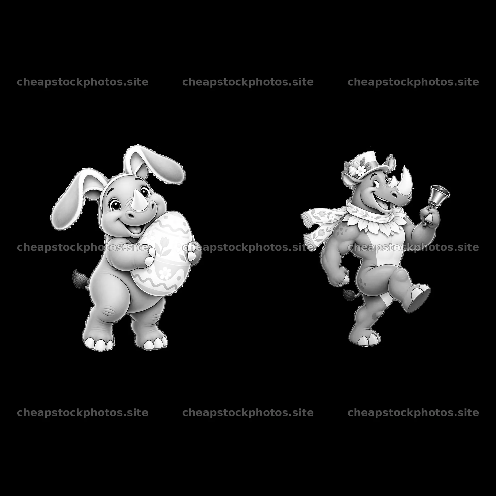 Easter rhinoceros and bunny holding an egg and a bell – stock photos 7746x7746