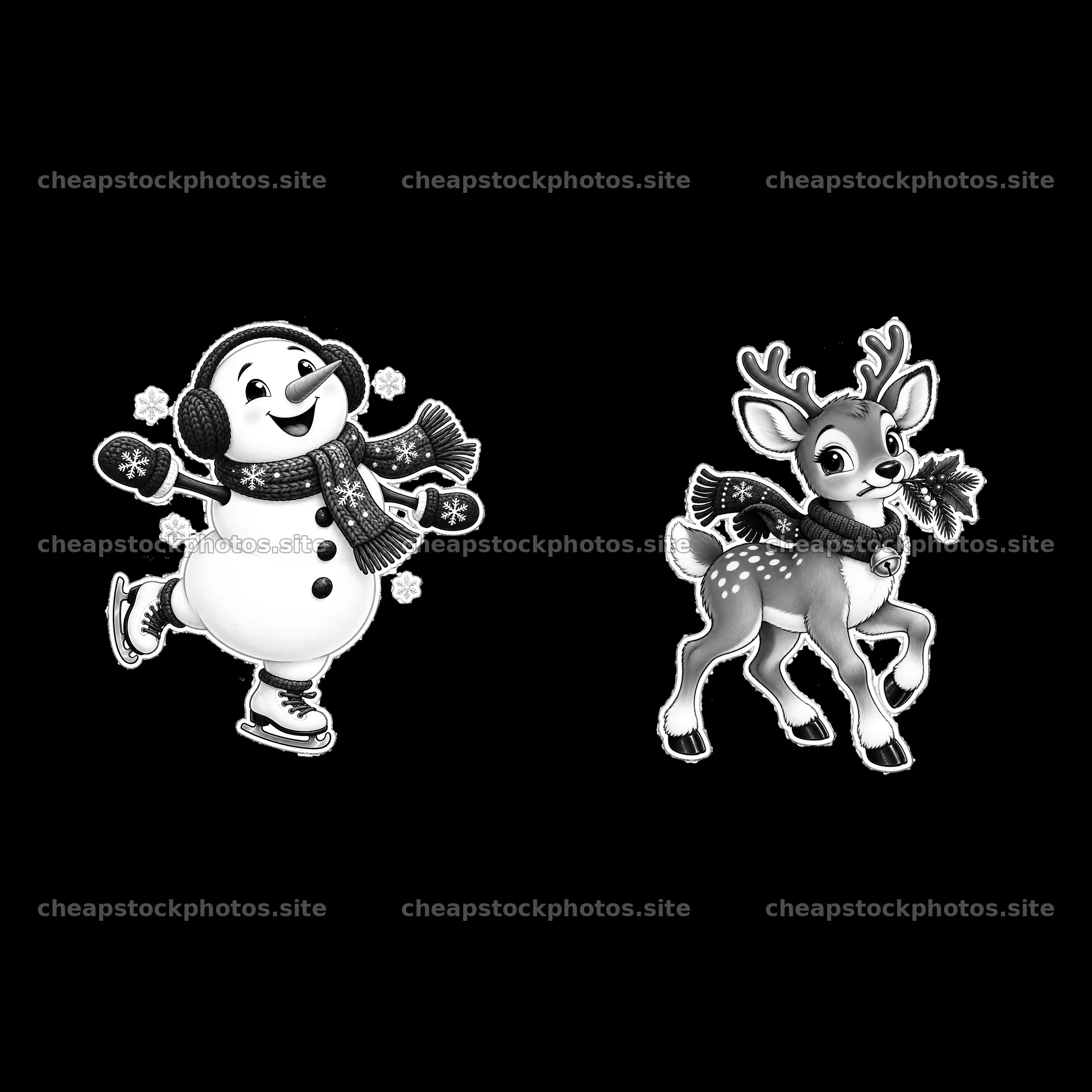Snowman ice skating with reindeer wearing a scarf for Christmas – stock photos 7746x7746