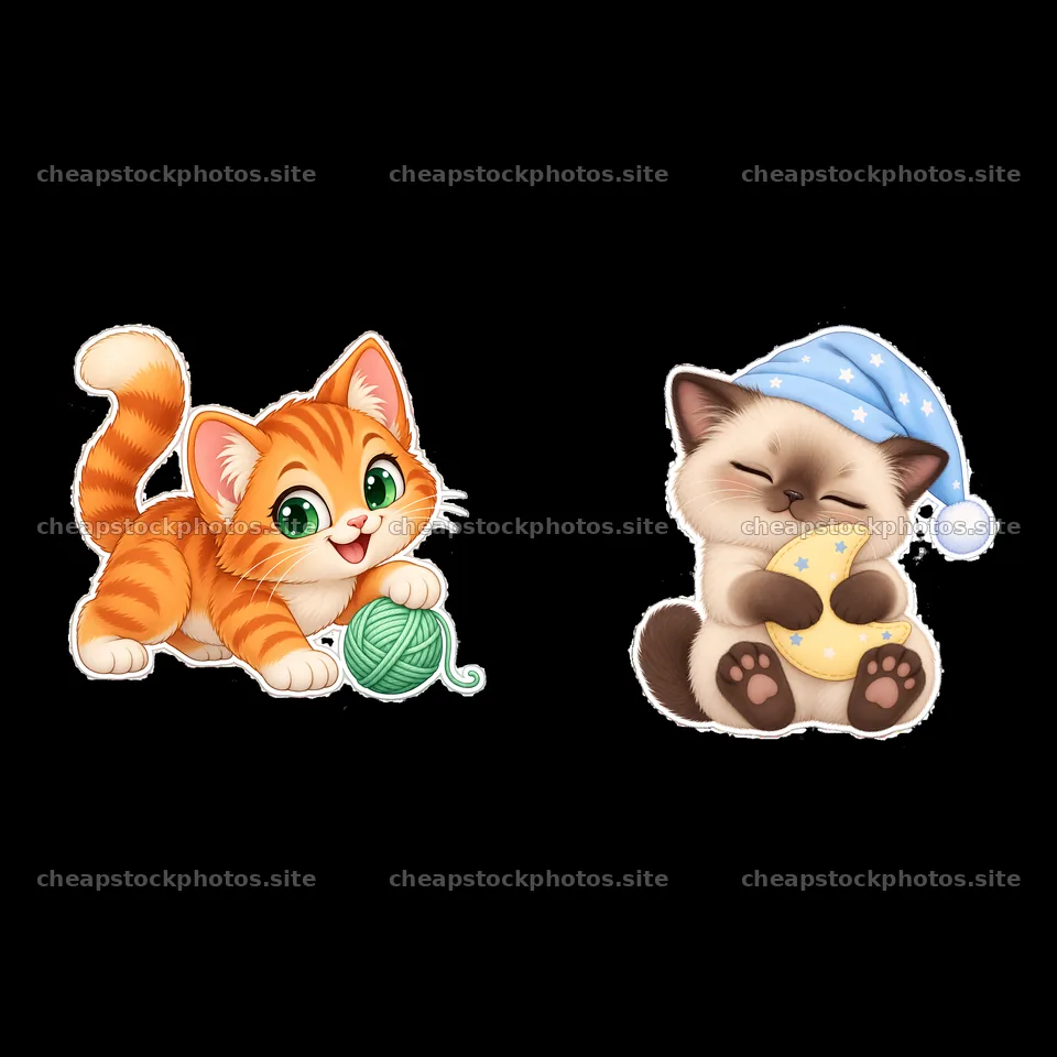 Kawaii cat duo with yarn ball and moon pillow in playful pose – stock photos 7746x7746