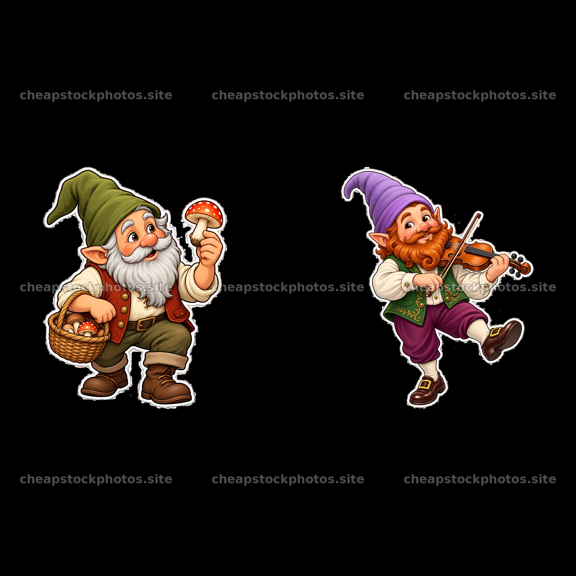 Two gnomes holding mushrooms and playing a violin – stock photos 7746x7746