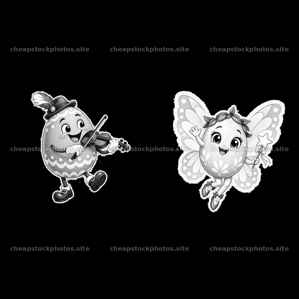 Easter egg characters dancing in black and white illustration – stock photos 7746x7746