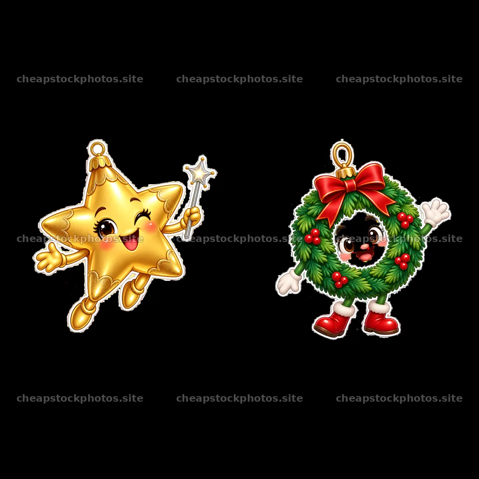 Christmas star and wreath cartoon sticker duo design – stock photos 7746x7746