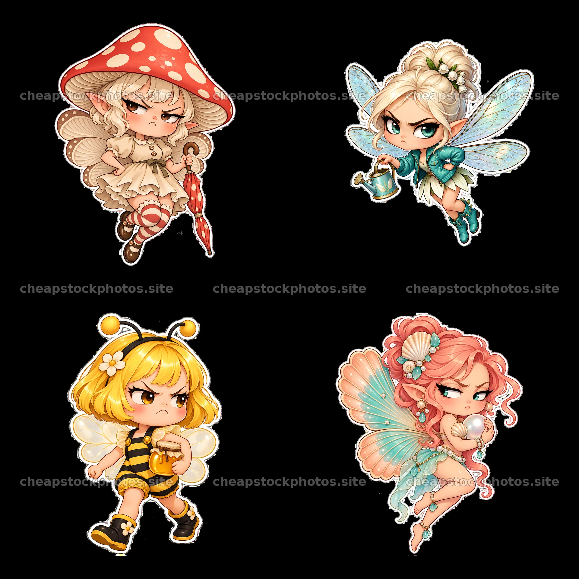 Kawaii grumpy fairy characters with unique accessories and details – stock photos 7746x7746