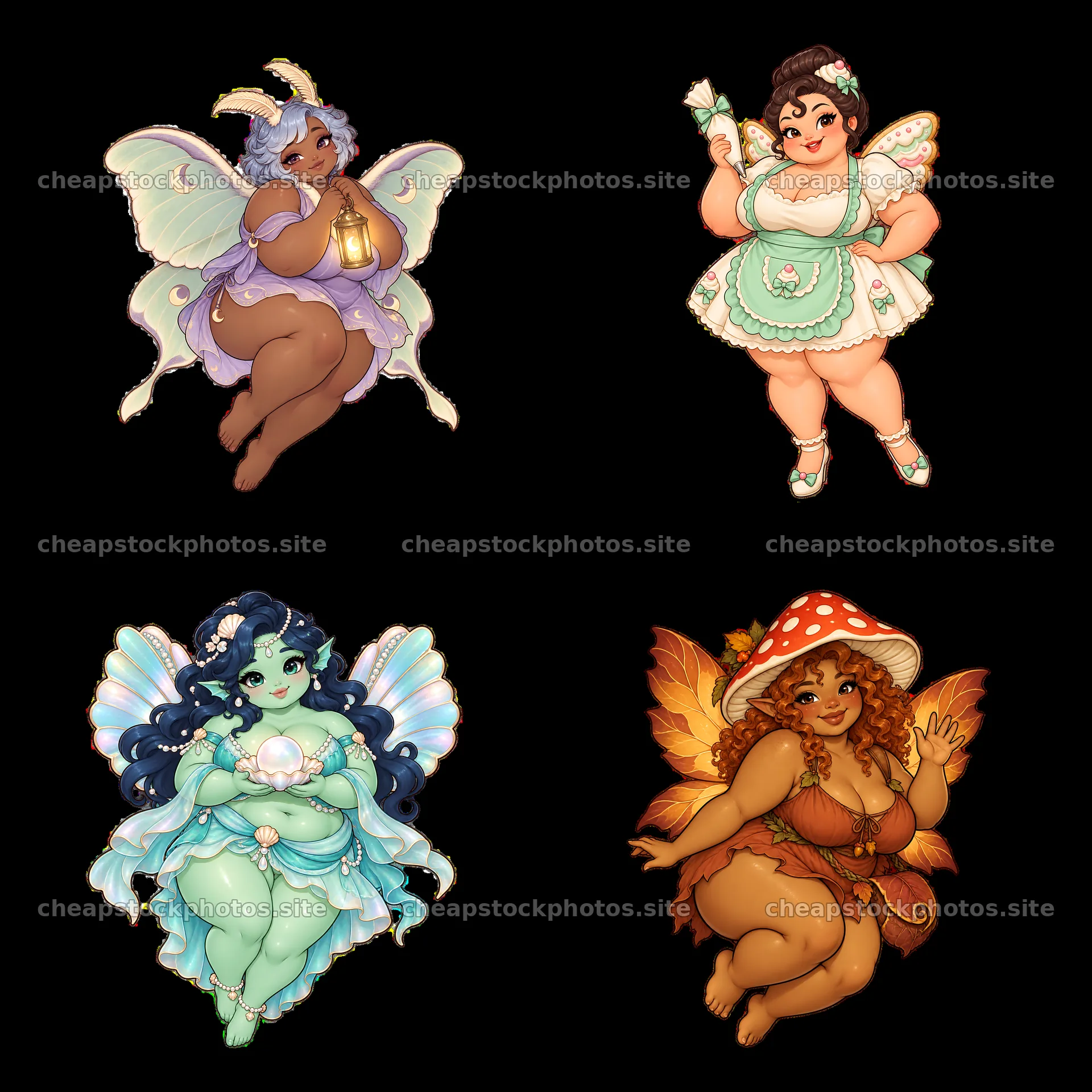 Kawaii ultra-fat fairy stickers in a 2x2 layout – stock photos 7746x7746