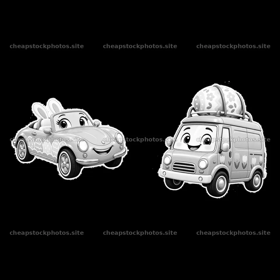 Easter car with bunny and van with decorated egg – stock photos 7746x7746