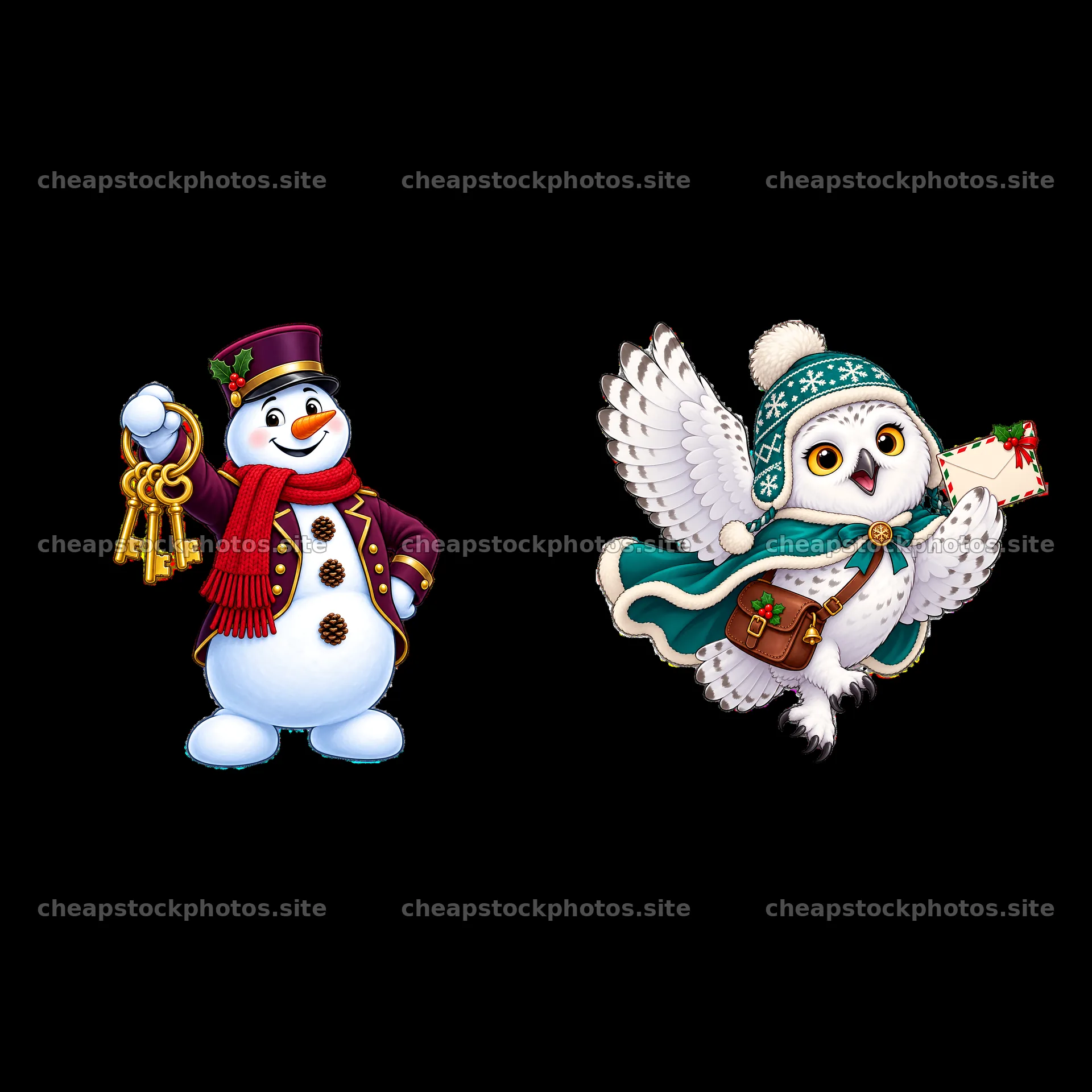 Snowman and owl characters with keys and letter for Christmas – stock photos 7746x7746