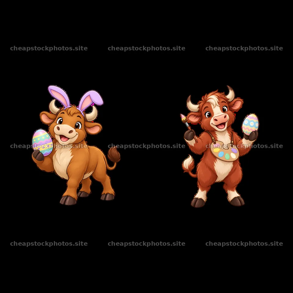 Easter Ox characters with decorated eggs and bunny ears – stock photos 7746x7746