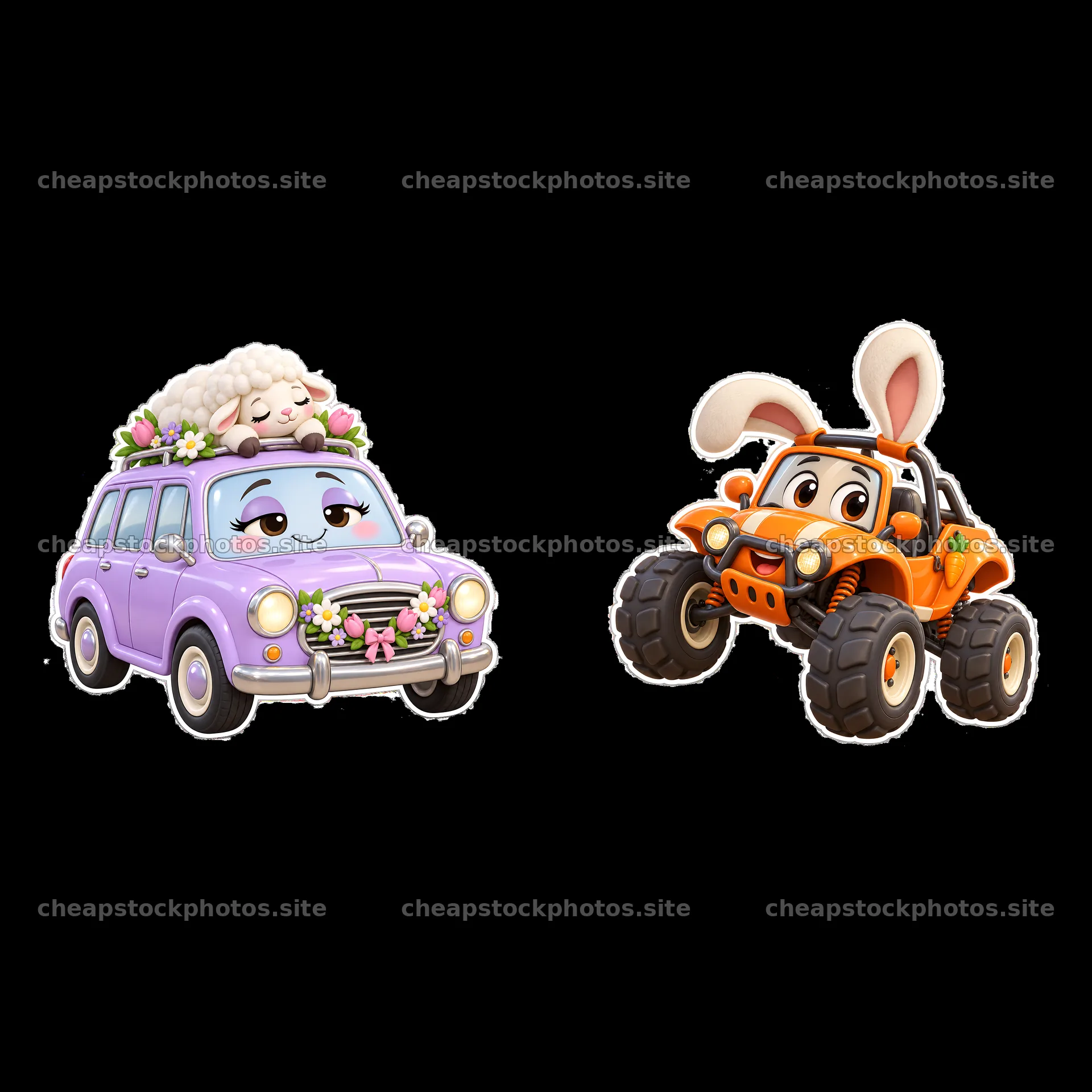 Cartoon Easter car with sheep and buggy with bunny character – stock photos 7746x7746