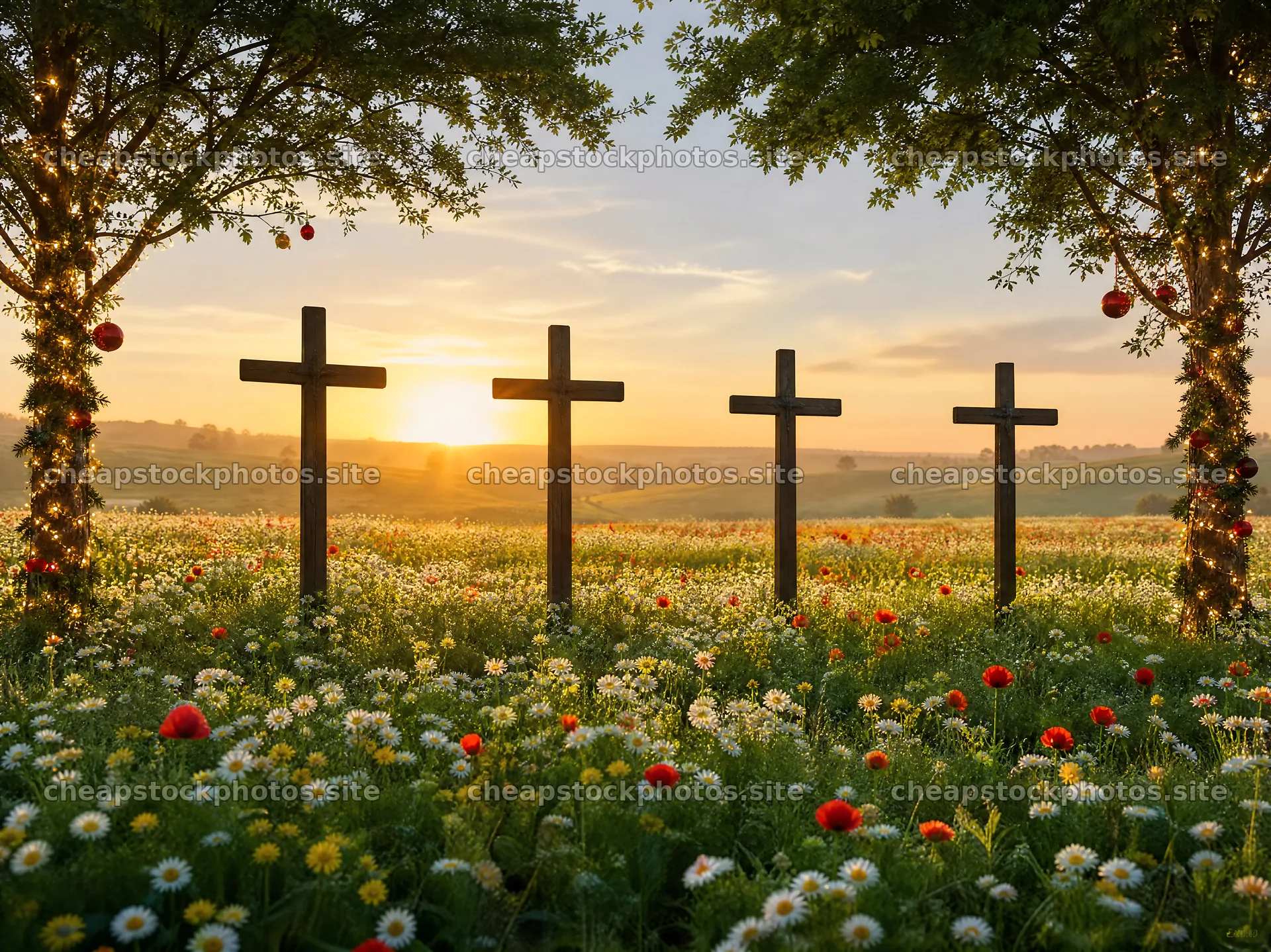 Christian crosses on a meadow as the sun rises – stock photos 9172x6868