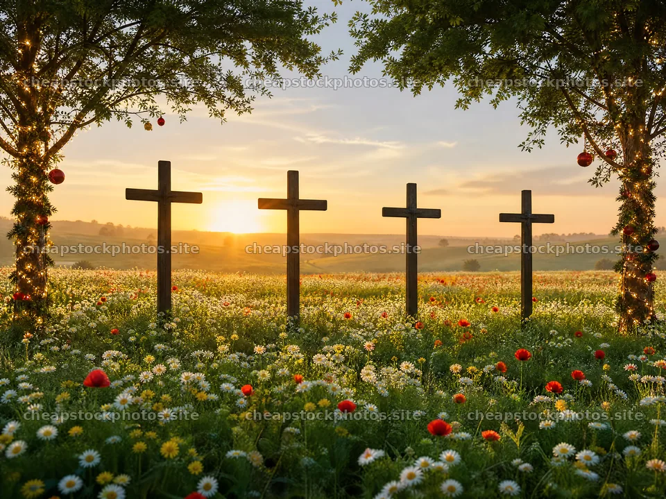 Christian crosses on a meadow as the sun rises – stock photos 9172x6868