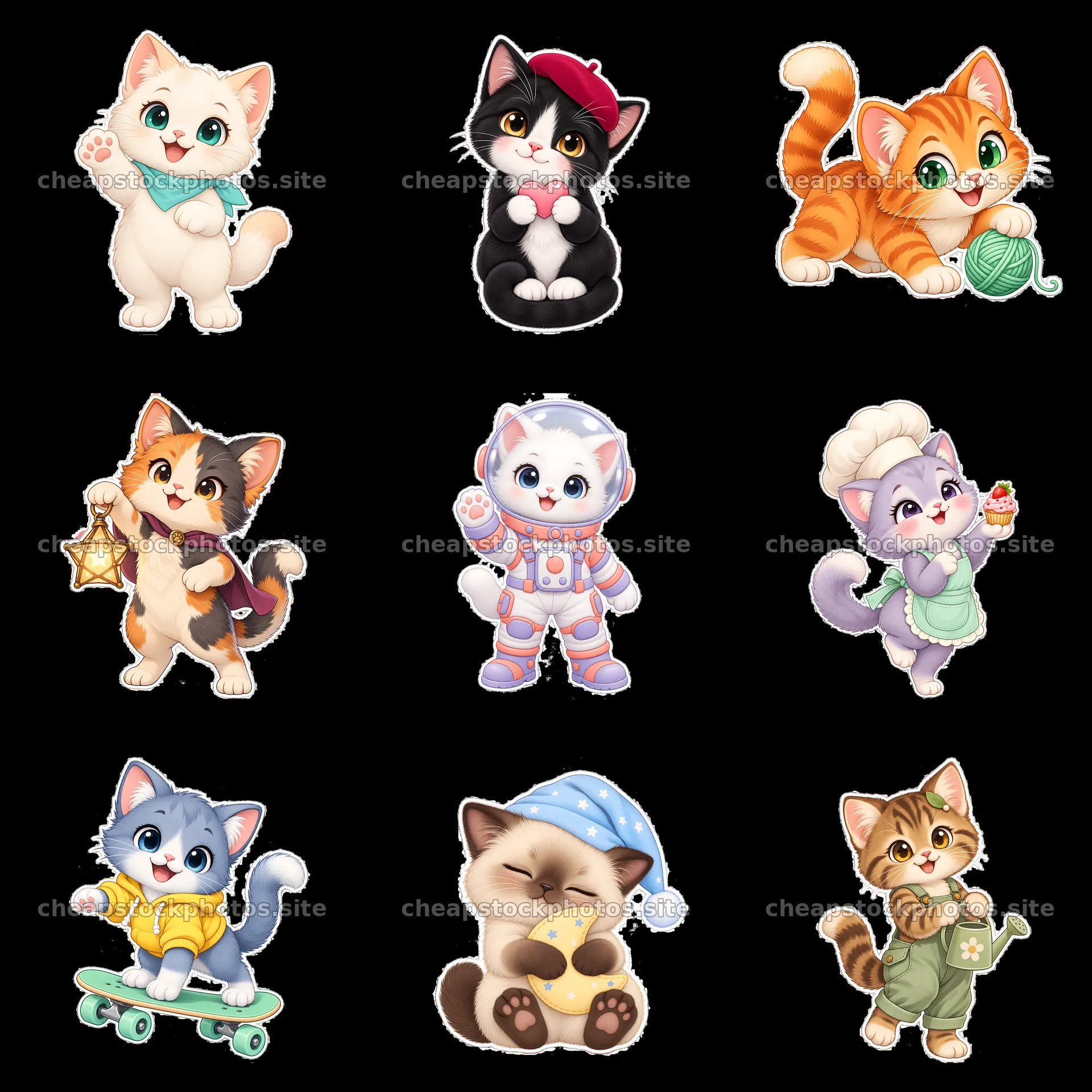 Kawaii cats in various fun activities arranged in a square – stock photos 7746x7746