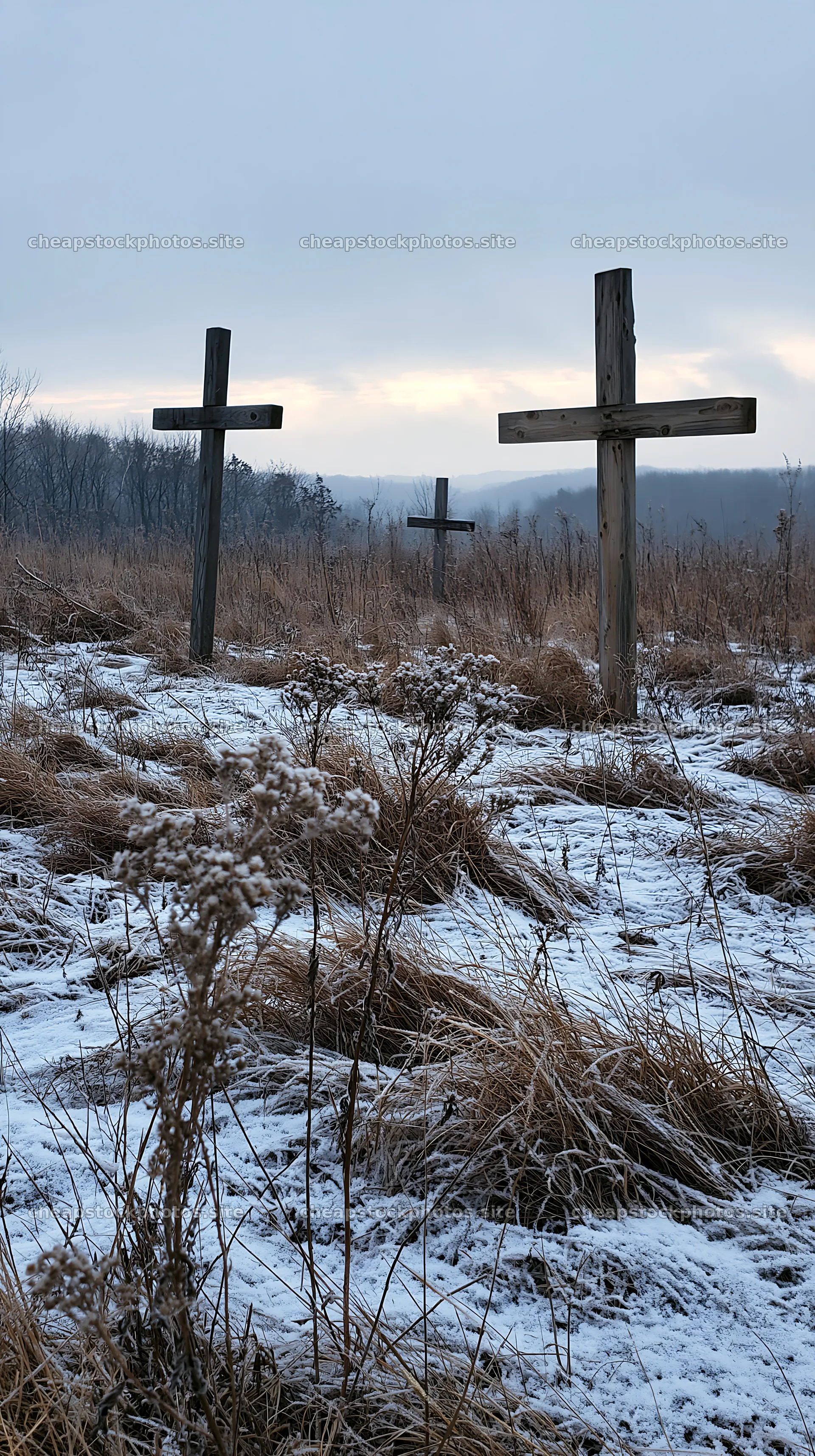Three rustic crosses in winter meadow landscape – stock photos 5938x10608