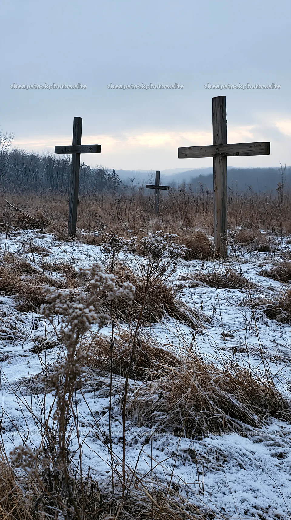 Three rustic crosses in winter meadow landscape – stock photos 5938x10608