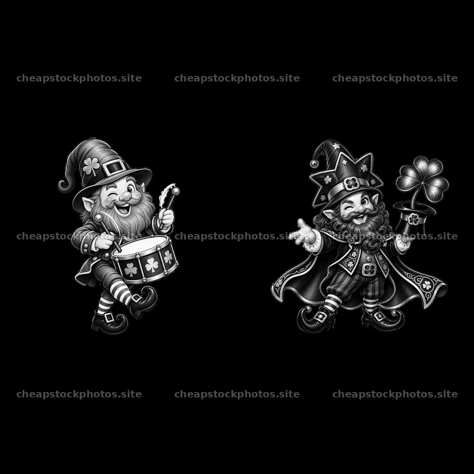 St. Patrick's Day gnomes playing drums and holding shamrocks – stock photos 7746x7746