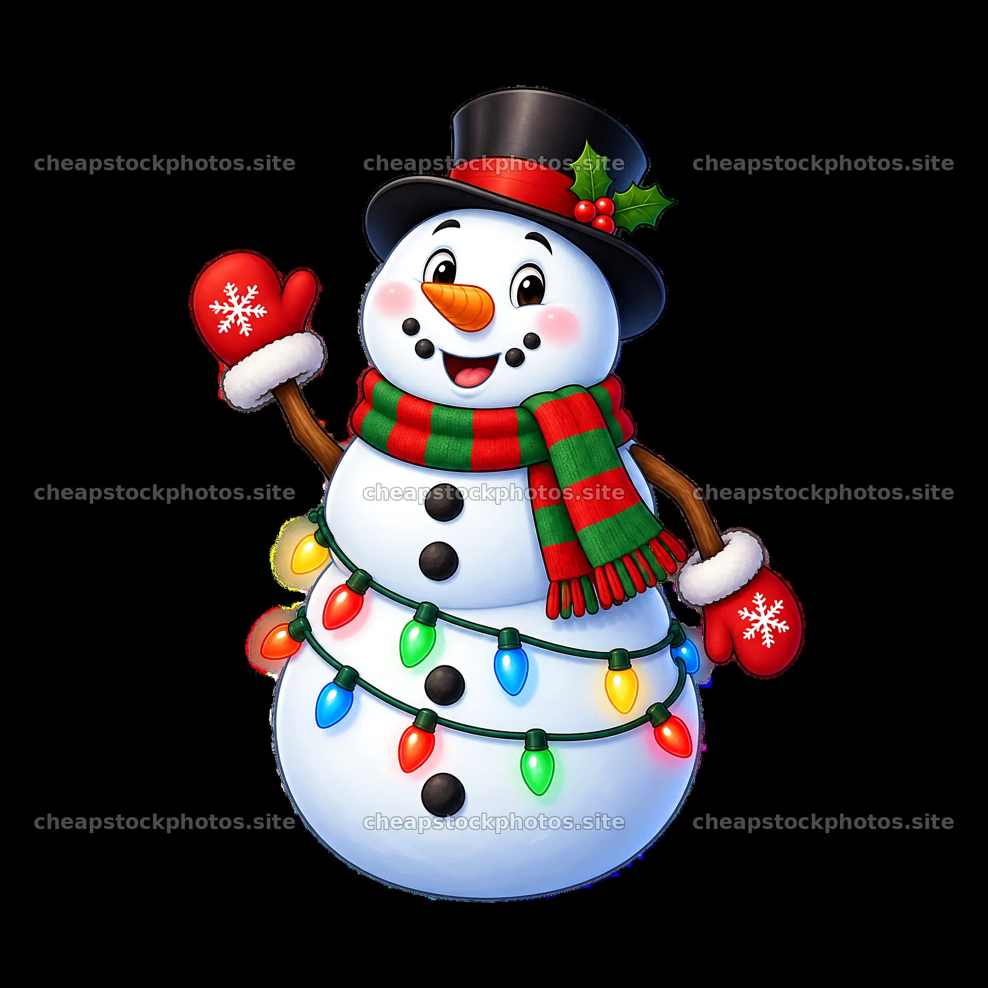 Snowman wearing colorful lights and winter accessories – stock photos 7746x7746